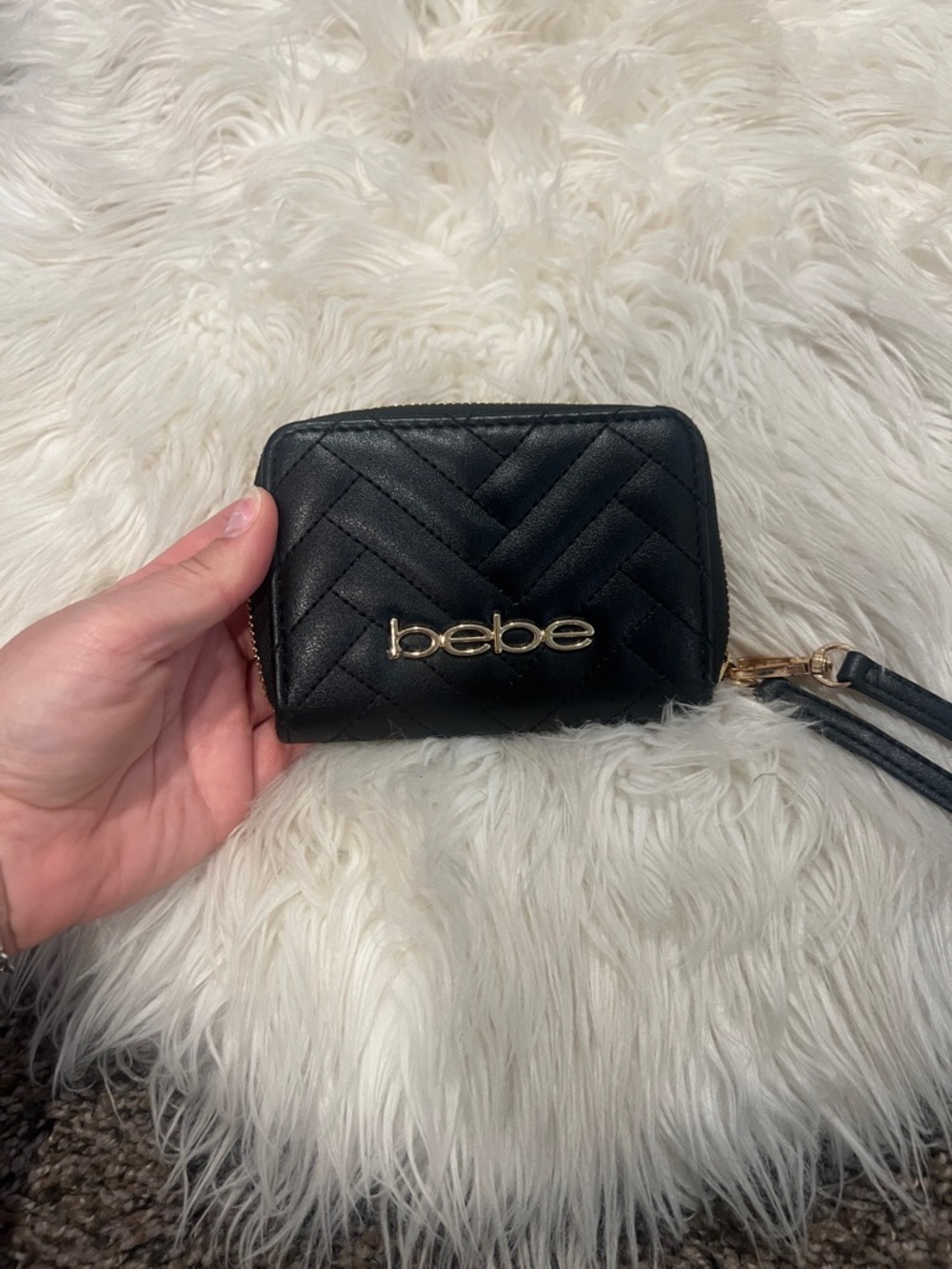 bebe Black Quilted Wristlet Wallet with Gold Logo